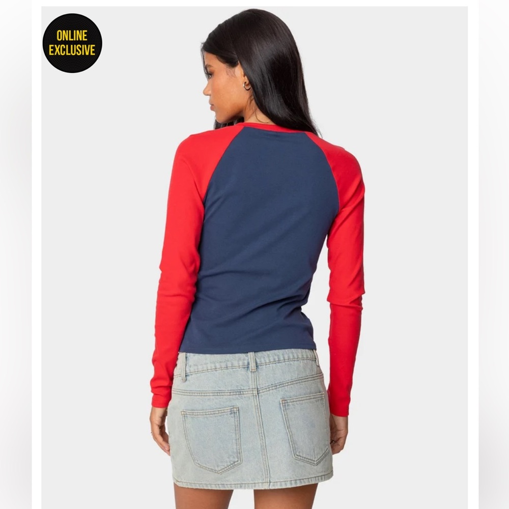edikted Tee Women’s L Tommi Raglan Red Blue Colorblock Crew Long Sleeve T-Shirt - Picture 5 of 9